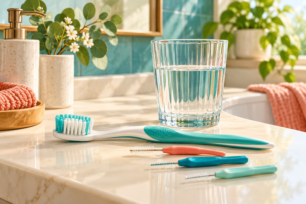 Cepillo de dientes y cepillos interdentales sobre una encimera