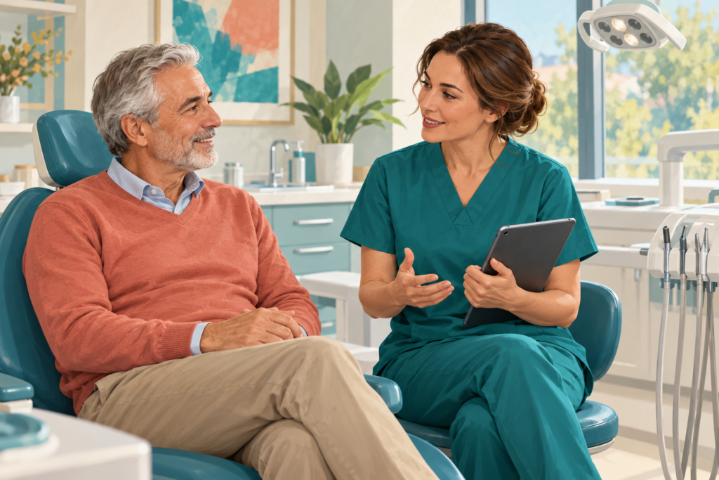 Ilustración de un hombre adulto durante una consulta sobre su tratamiento dental